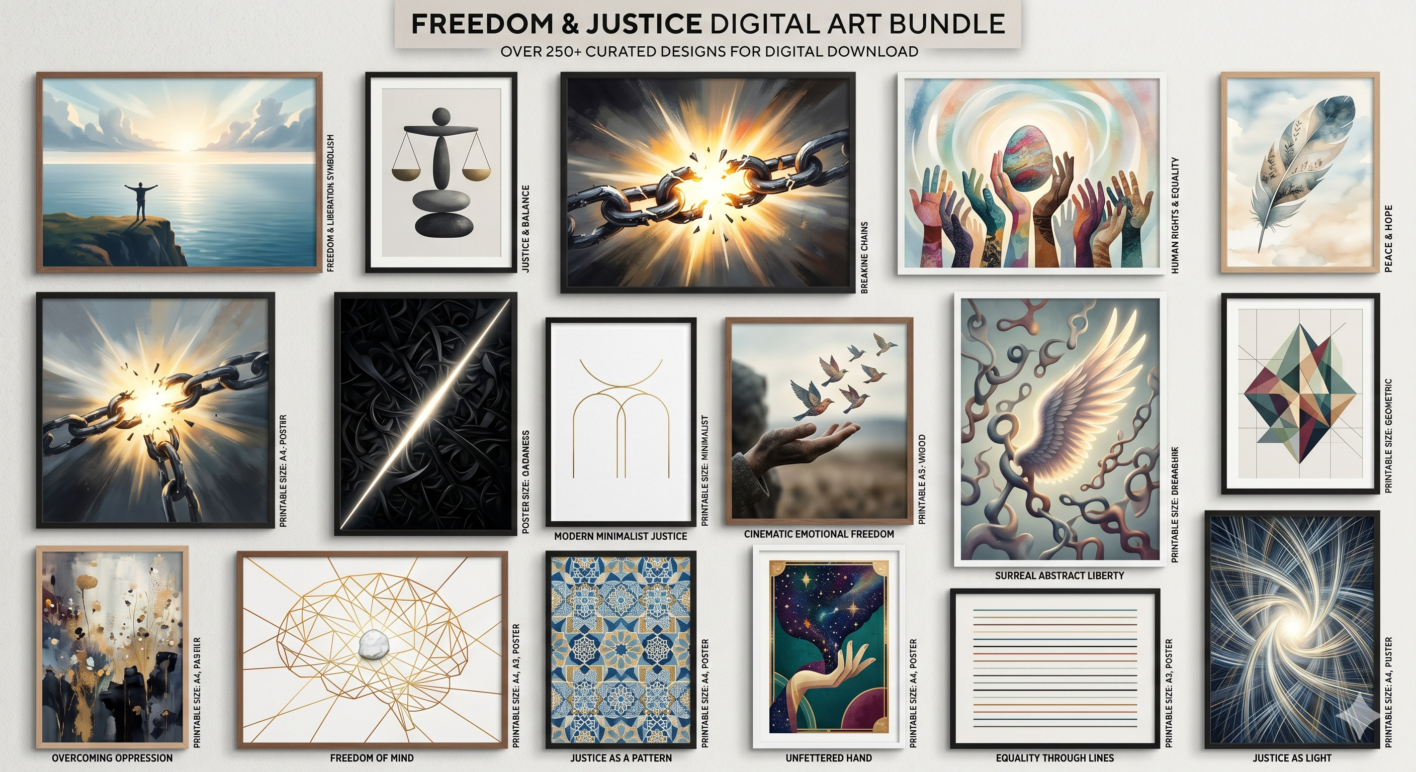 Freedom & Justice Digital Wall Art Bundle – Abstract Printable Poster Collection MASTER RESELL RIGHTS (MRR) Included